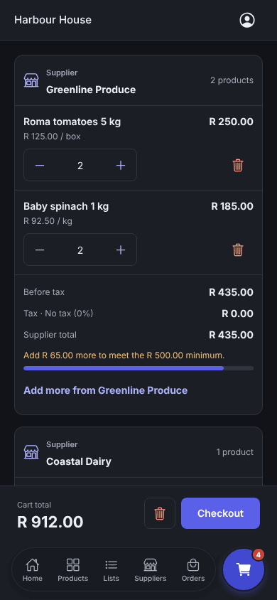 Enoki app cart grouped by supplier, with a minimum spend bar