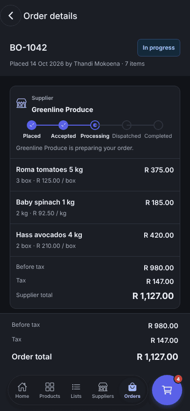 Enoki app order details with progress from placed to completed