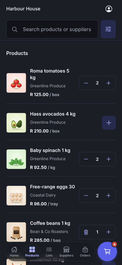 Enoki app product list with photos, supplier names and prices per unit